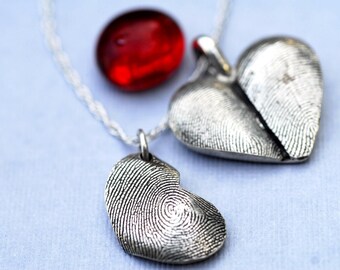 Sterling Silver Double Fingerprint Thumbprint Heart Necklace with Extra Charm