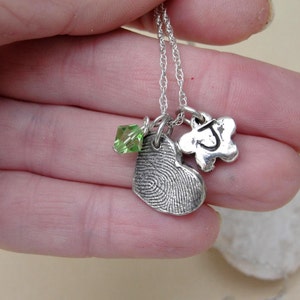 Fingerprint Thumbprint Necklace with Heart Birthstone Flower in Sterling Silver image 5