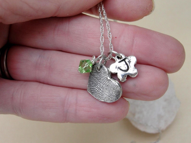 Fingerprint Thumbprint Necklace with Heart Birthstone Flower in Sterling Silver image 5