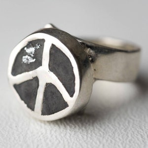 Peace Sign Ring Concrete Round Sterling Silver Peace Boho Hippie Chic One Of A Kind