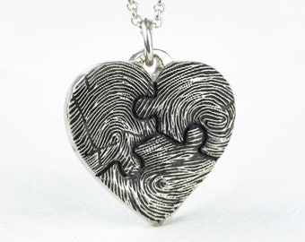 Fingerprint Heart Necklace Puzzle Piece Personalized Sterling Silver Mothers Day Jewelry
