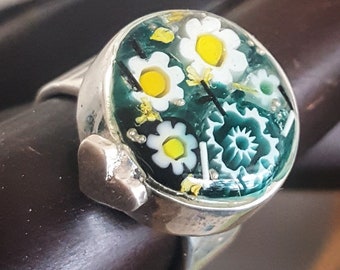 Blume Glas Ring, Murrini Glas, Sterling Silber Band, Blumen, Herz-Ring, Harz, UV-Harz, Collage-Ring