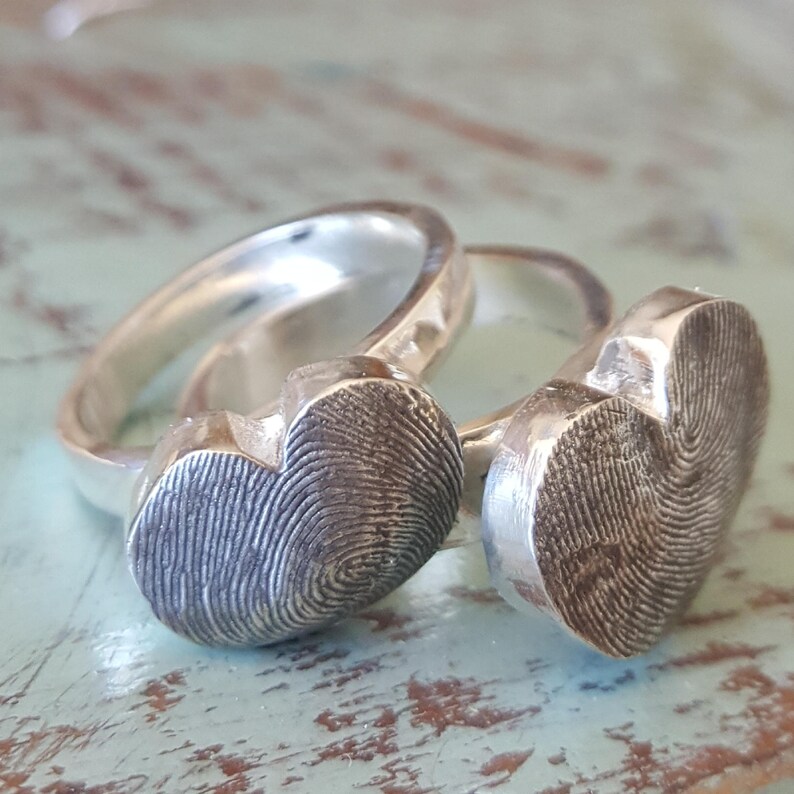 Fingerprint Stackable Heart Ring Sterling Silver Thumbprint Etsy