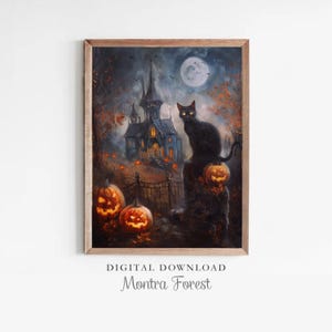 Halloween Wall Art,Black cat,Haunted Victorian House Painting, Canvas Print,Gothic Wall Art, Halloween Wall Art,Dark Academia ,black cat,art