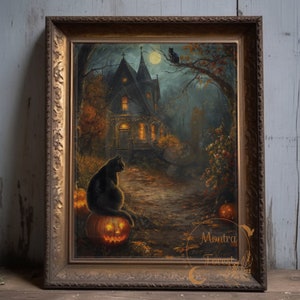 Halloween Wall Art,Black cat,Haunted Victorian House Painting Canvas Print,Gothic Wall Art, Halloween Wall Art, Dark Academia Moody,wall art