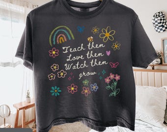 Comfort Colors® Teach them Teacher Back To School Crop Top, Hand Drawn Colorful Doodle  T-shirt Appreciation Gift Tee, Retro Teach Love Grow