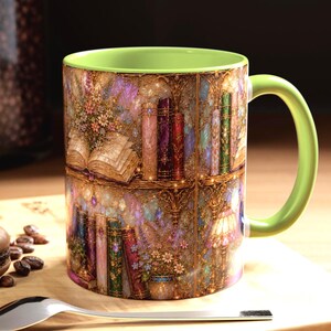 May include: A ceramic mug with a light green interior and handle, featuring a wrap-around print of a library scene with colorful book spines, an open book with floral accents, and a decorative lamp, all set against a shimmering, textured background.