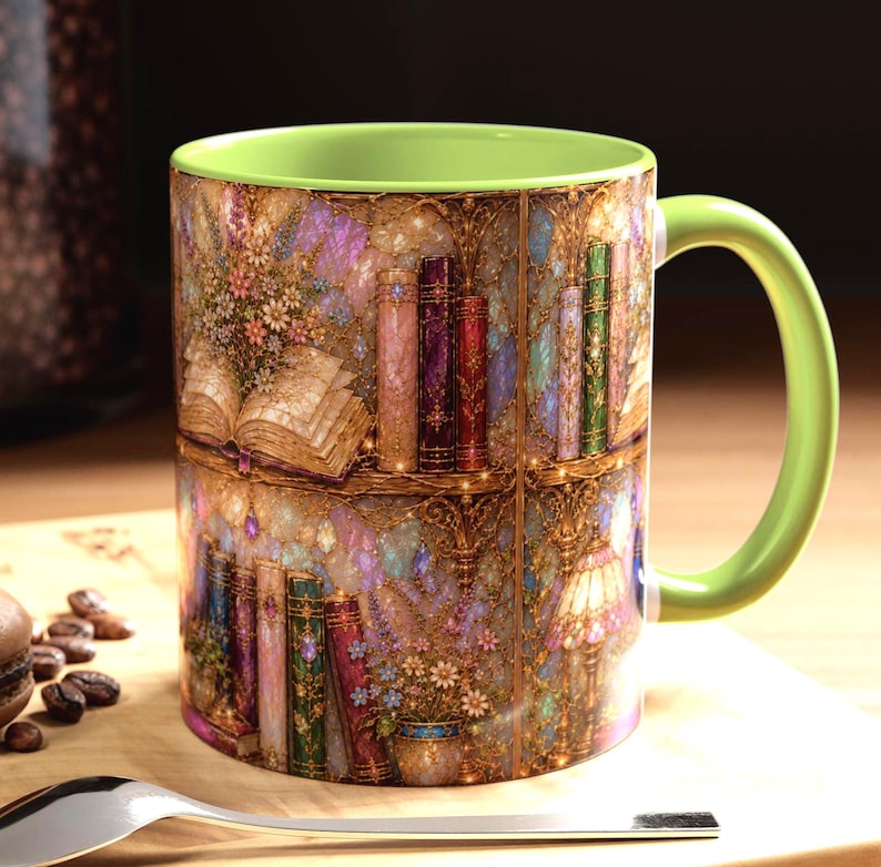 May include: A ceramic mug with a light green interior and handle, featuring a wrap-around print of a library scene with colorful book spines, an open book with floral accents, and a decorative lamp, all set against a shimmering, textured background.