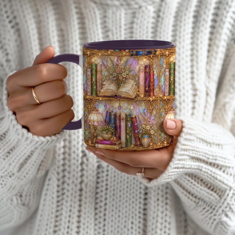 May include: A dark purple ceramic mug featuring a detailed wrap-around illustration of a two-tiered bookshelf. The design includes colorful vintage books, an open book, floral arrangements, and a decorative lamp, all set against a golden background.