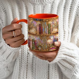 May include: A ceramic mug with a bright orange interior and handle, featuring a wrap-around graphic print of a multi-tiered bookshelf filled with colorful books, small potted plants, and a decorative lamp set against a shimmering, textured background.