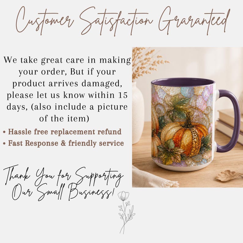 May include: A ceramic mug with a purple interior and handle, featuring a vibrant graphic of an orange pumpkin surrounded by autumn leaves and gold-toned decorative accents. The mug is displayed on a wooden surface next to a white vase and books.