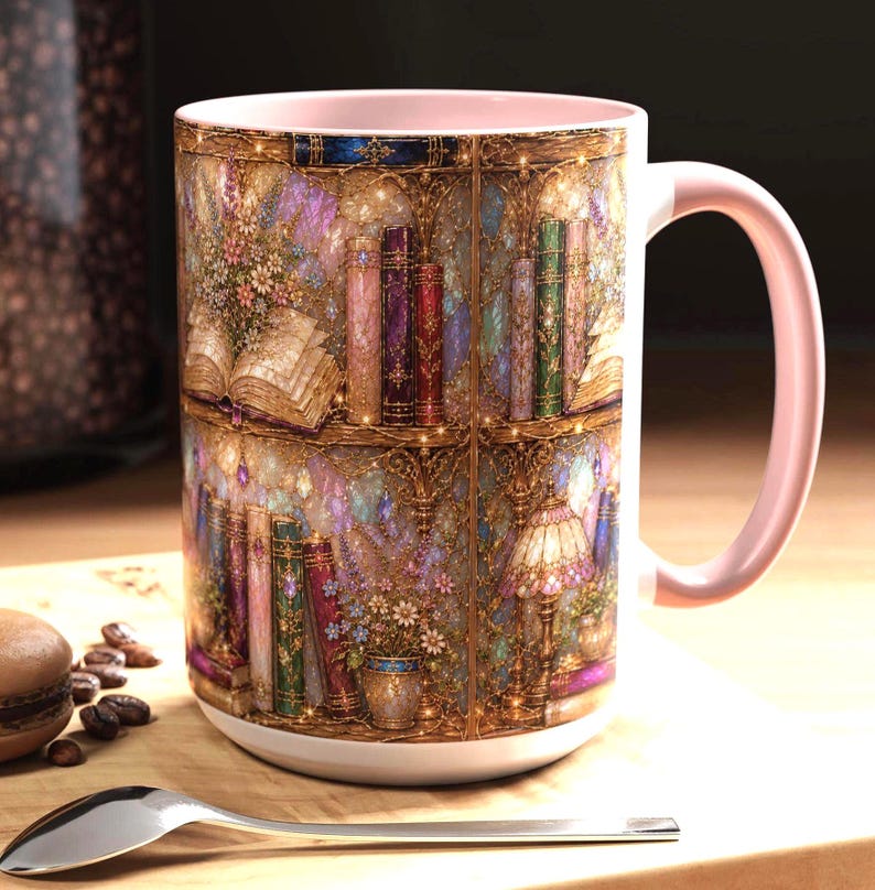 May include: A ceramic mug with a light pink interior and handle, featuring a detailed wrap-around illustration of a multi-level library shelf filled with colorful books, floral arrangements, and a decorative lamp, all set against a golden background.