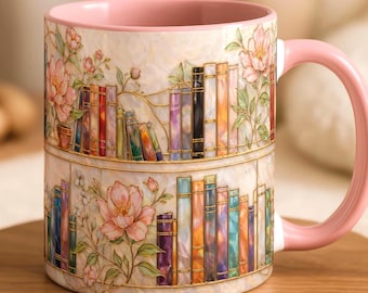 Stained-Glass Style Floral Bookshelf Mug, Book Lover Gift, Bookish Mug, Stained Glass Gift, Library Cup 15oz