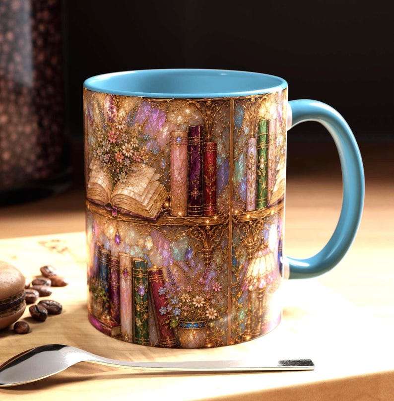 May include: A ceramic mug with a light blue interior and handle, featuring a wrap-around print of a detailed library scene. The design displays shelves filled with colorful books, open volumes, floral arrangements, and a lamp, all rendered in a shimmering, textured, and ornate artistic style.