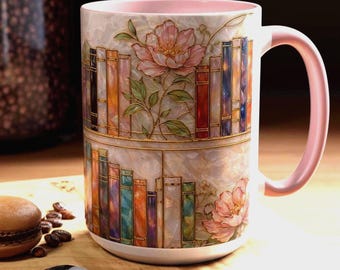 Caneca em formato de estante de livros com estampa floral em estilo vitral, presente para amantes de livros, caneca literária, presente com vitral, caneca de biblioteca 443ml