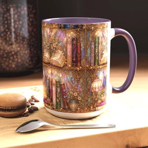 May include: A ceramic mug with a purple interior and handle, featuring a detailed wrap-around illustration of a bookshelf filled with colorful books, open volumes, floral arrangements, and a small lamp, all set against a shimmering, golden background.