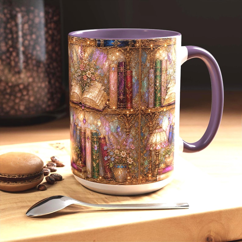 May include: A ceramic mug with a purple interior and handle, featuring a detailed wrap-around illustration of a bookshelf filled with colorful books, open volumes, floral arrangements, and a small lamp, all set against a shimmering, golden background.