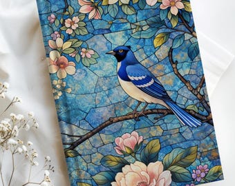 Blue Eichelhäher Pfingstrose Blumen Kunstwerk Journal Buch-Liebhaber Geschenke | Buntglas-Effekt Hardcover Notizbuch
