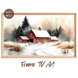 農家の冬の雪の納屋、素朴な装飾、赤い納屋、田舎の風景、水彩画、クリスマス、ミニマリストの自然、家の装飾、フレームテレビアート