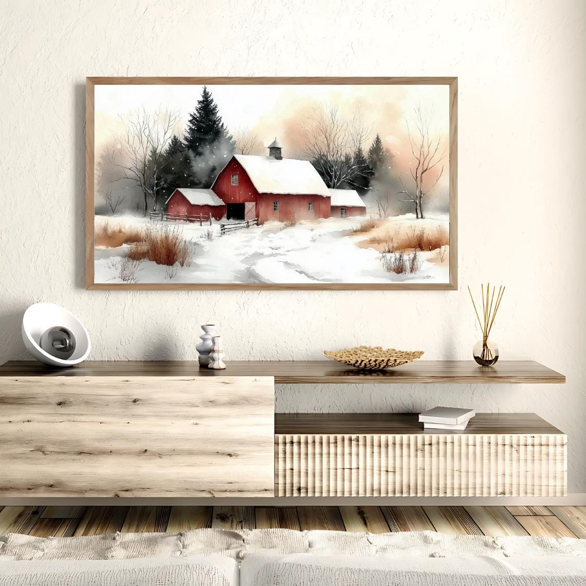 Farmhouse Winter Snow Barn, Rustic Decor, Red Barn, Country Landscape ...