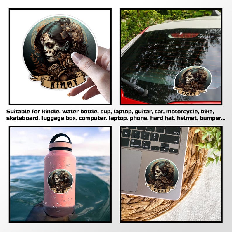 Personalized Sugar Skull Sticker, Custom Name Sugar Skull Mexico