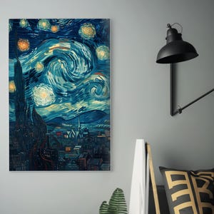 Sternenklare Nacht Skyline Poster | Post-Impressionistischer Kunstdruck | Stadtbild Kunstwerk | Himmlische Dekor | Nachthimmel Kunst | Stadthimmel