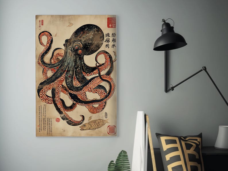 Octopus & Turtle Silk Screen Print - Ukiyo-e Inspired Art - Japanese Sea Creatures Wall Decor - Ocean Life Poster - Nautical Home Decoration image 4