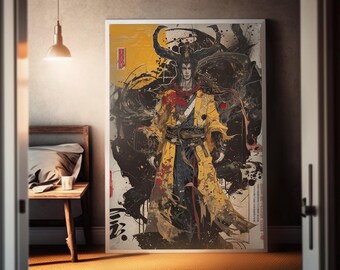 May include: A digital art print featuring a stylized figure with horns and a yellow and black robe. The figure is surrounded by black ink splatters and brushstrokes on a yellow background. The print has the text "雲" in the lower left corner.