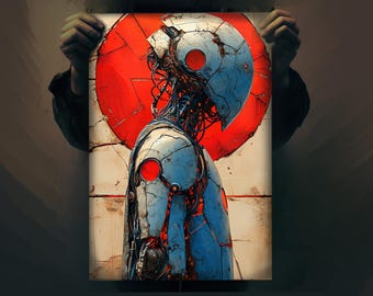 Cyberpunk Robot Poster | Red Umbrella Art | Biomechanical Cyborg Imagery | Futuristic AI Design | Sci-Fi Wall Art
