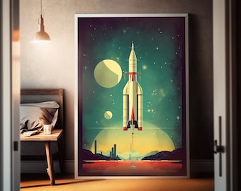 May include: A retro-style poster featuring a rocket ship launching into space. The rocket is white with red accents and is surrounded by stars and planets. The background is a gradient of green and yellow.