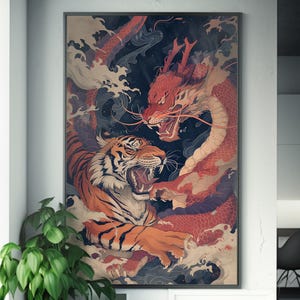 Tiger- och drakestrid | Silkscreen-affisch | Konst i Ukiyo-e-stil | Kinesisk drakestrid | Mytologiska varelser | Väggkonstdekor | Asiatisk