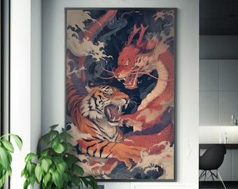 Tiger & Dragon Battle | Silk Screen Poster | Ukiyo-e Style Art | Chinese Dragons Fight | Mythological Creatures | Wall Art Decor | Asian