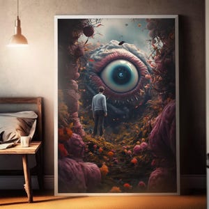 May include: A surreal digital art print featuring a giant eye with a blue iris and pink eyelids, surrounded by a forest of pink and purple mushrooms. A lone figure in a blue sweater and jeans walks towards the eye.