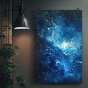 Blue Nebula Night Sky Painting | Cosmic Space Art Poster | Stars and Clouds Imagery | Detailed Artwork | Astronomical Decor | Wall