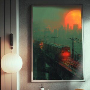 Plakat Cyberpunk Cityscape | Retrofuturyzm Sztuka pociągu | Postapokaliptyczny wystrój miejski | Futurystyczna sztuka | Wystrój Sci-Fi
