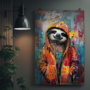 Peut inclure: Une peinture colorée d'un paresseux portant un sweat-shirt orange, rouge et bleu vif. Le paresseux a une expression joyeuse et se tient sur un fond de graffitis.