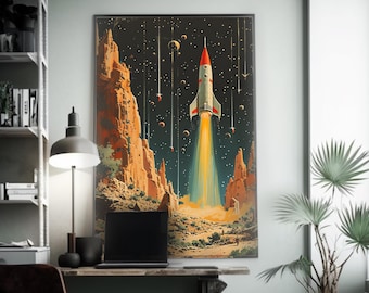 May include: A vintage-style space-themed art print. A rocket ship with a red nose blasts off, leaving a trail of yellow and orange flames. The background features a starry night sky, planets, and desert-like rock formations.