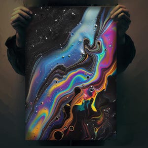 May include: Abstract art print featuring a swirling, iridescent pattern of blue, green, yellow, and orange colors on a black background.