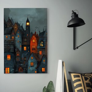 May include: A digital illustration of a dark blue cityscape with a tall clock tower. The buildings have glowing orange windows and are arranged in a cluster. The sky is dark blue with a single white moon.