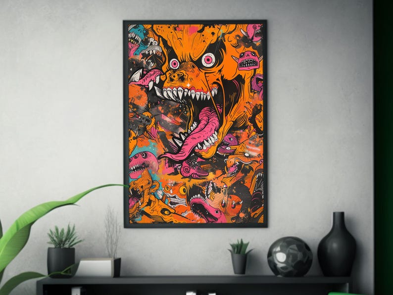 サイケデリックモンスタースケートボードポスターアート | ハイパービーストスタイル | ハイディテールサイケデリックアート | ウォールアートデコレーション | シュールなスケートカルチャー 画像 1