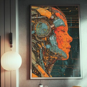 Może przedstawiać: Cyfrowy wydruk artystyczny przedstawiający stylizowane ludzkie oblicze o mechanicznym, robotycznym i futurystycznym designie. Twarz jest pomarańczowa i niebieska na tle zielonych i niebieskich linii.