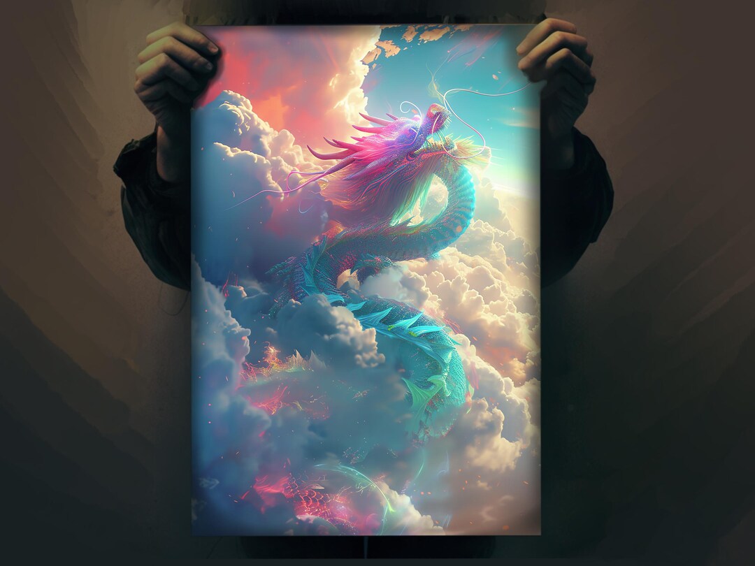 Fantasy Art Poster: Dragon Soaring in Cyan Sky Airbrush Painting ...