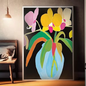 Póster de jarrón de flores Art Déco abstracto / Arte mural moderno / Impresión de pintura floral vibrante / Inspirado en la década de 1920 / Artístico