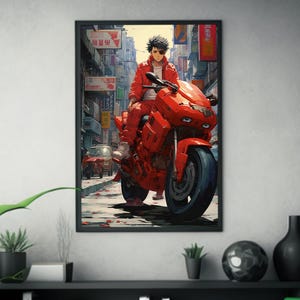 Cyberpunk rode motorfiets | Op Akira geïnspireerde kunst | Retrofuturisme-poster | Futuristische fietskunst | Neo-Tokio