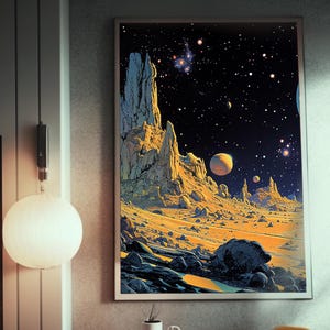 Alien Landscape | Matte Painting | Cosmic Art | Moebius Inspired Style | Space Art Poster | Retro Futurism | Sci-Fi Artwork | image 1