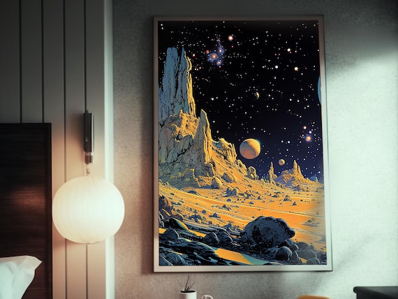 Alien Landscape | Matte Painting | Cosmic Art | Moebius Inspired Style | Space Art Poster | Retro Futurism | Sci-Fi Artwork |