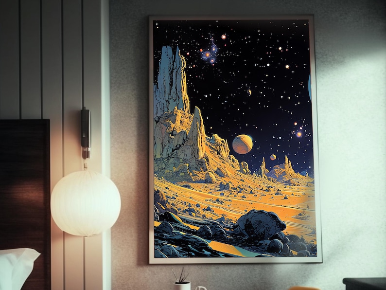 Alien Landscape | Matte Painting | Cosmic Art | Moebius Inspired Style | Space Art Poster | Retro Futurism | Sci-Fi Artwork | image 1