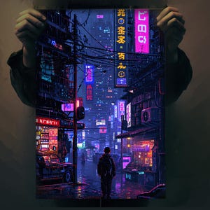 Plakat Cyberpunk City Night | Ustawienie Neon Rain | Kolorowy wydruk artystyczny | Projekt | Dekoracja miejskiego krajobrazu | Futurystyczna sztuka | Ściana