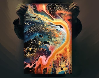 Abstract Space Art | Pour Cell Painting Poster | Liquid Acrylic Black Canvas | Trending Unsplash Art Print | Modern Pour Art | Wall Décor