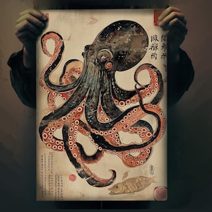 Octopus & Turtle Silk Screen Print - Ukiyo-e Inspired Art - Japanese Sea Creatures Wall Decor - Ocean Life Poster - Nautical Home Decoration image 7